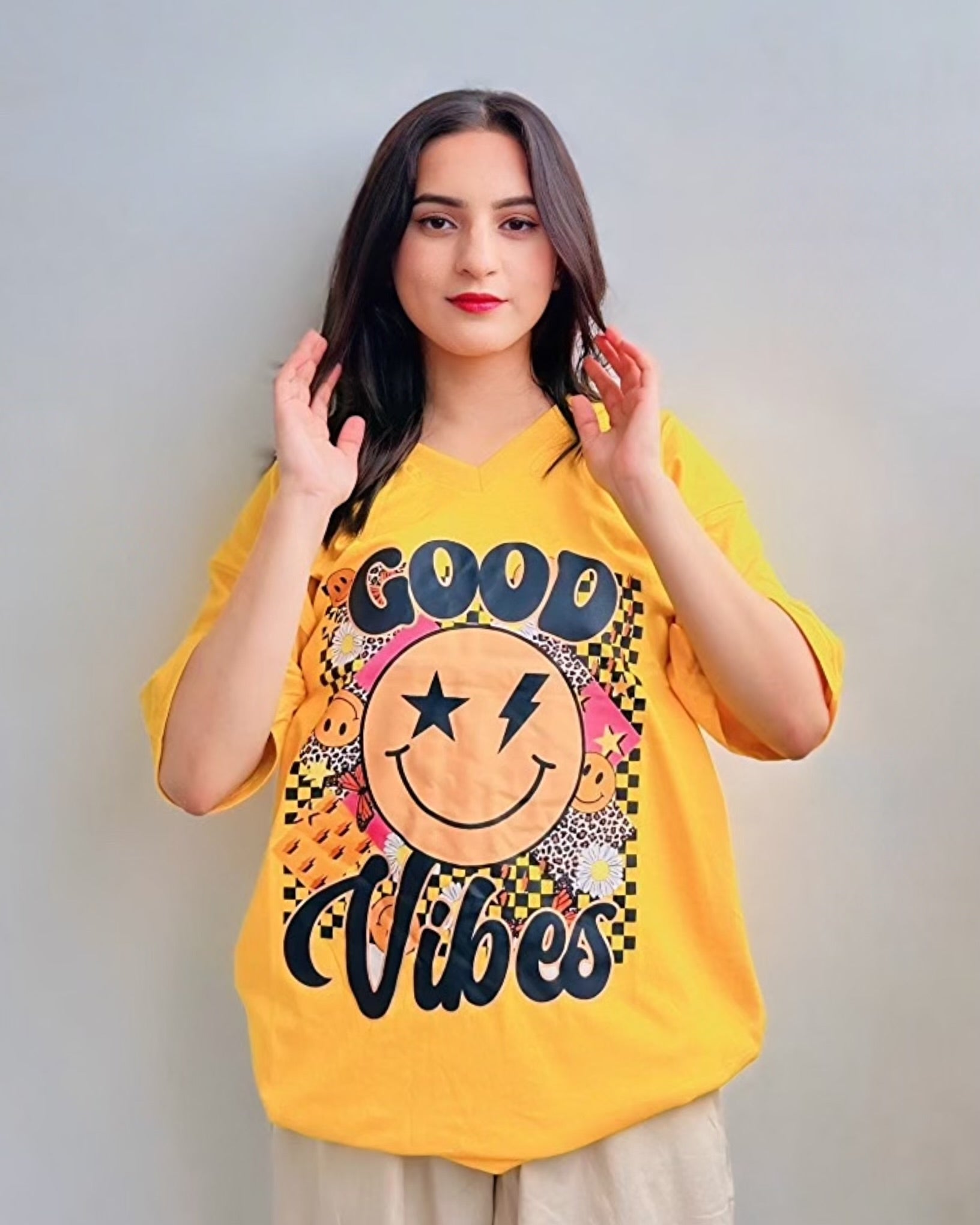 Good Vibes Graphic Vneck Drop Shoulder Oversized Tee Yellow