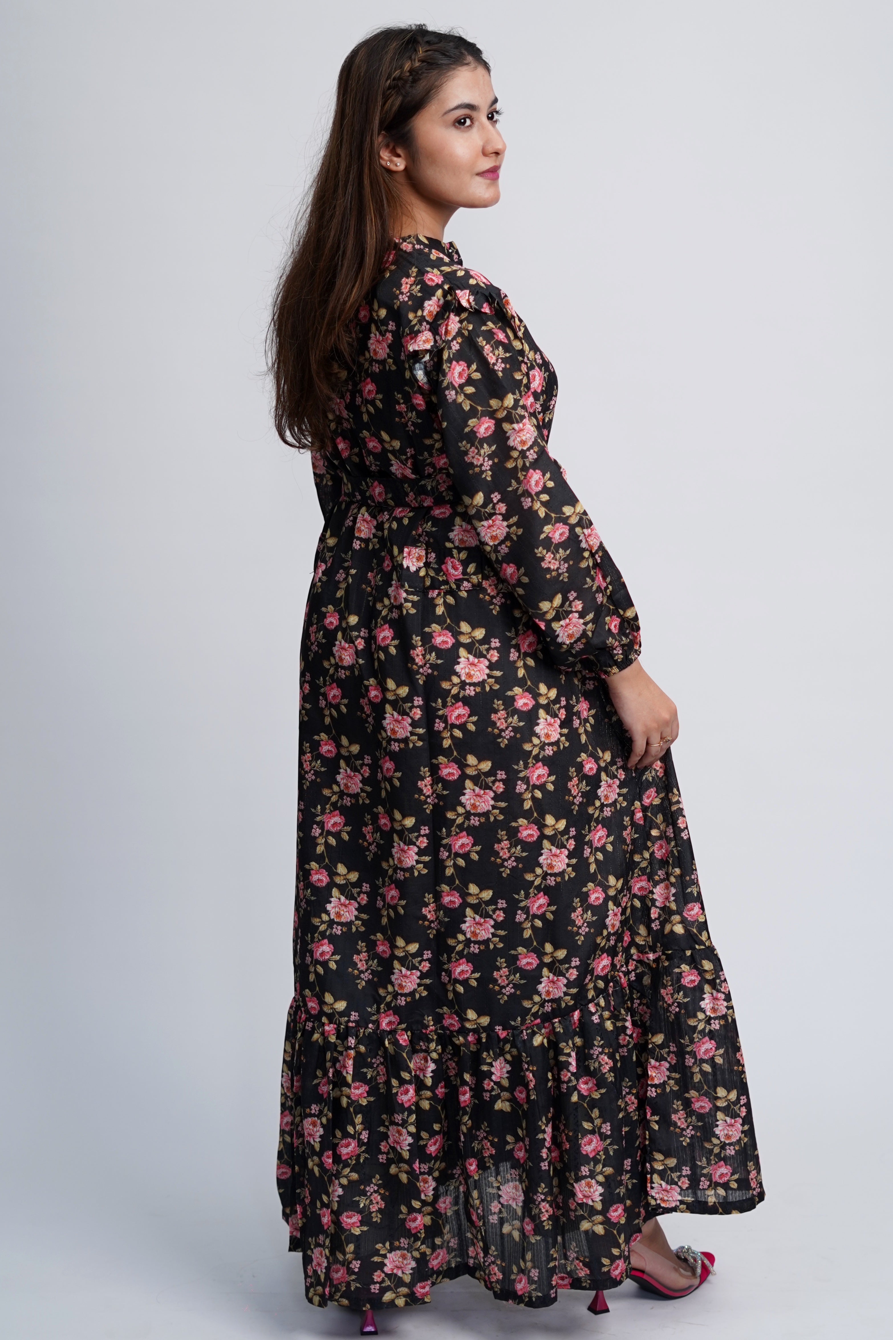 Ashlyn Black Floral Cotton Long Dress