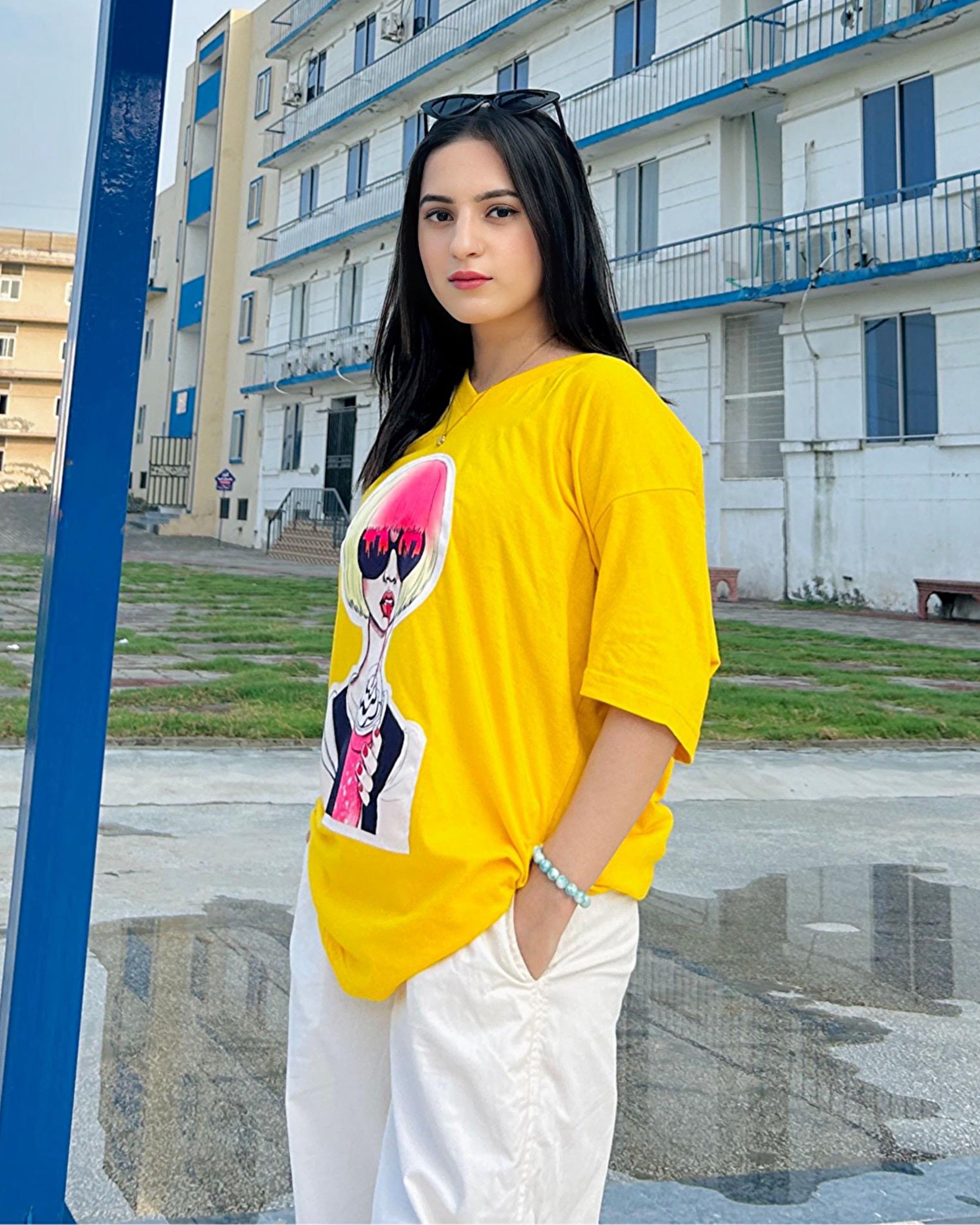 Vaccy Girl Graphic Patched Vneck Drop Shoulder Oversized Tee Yellow