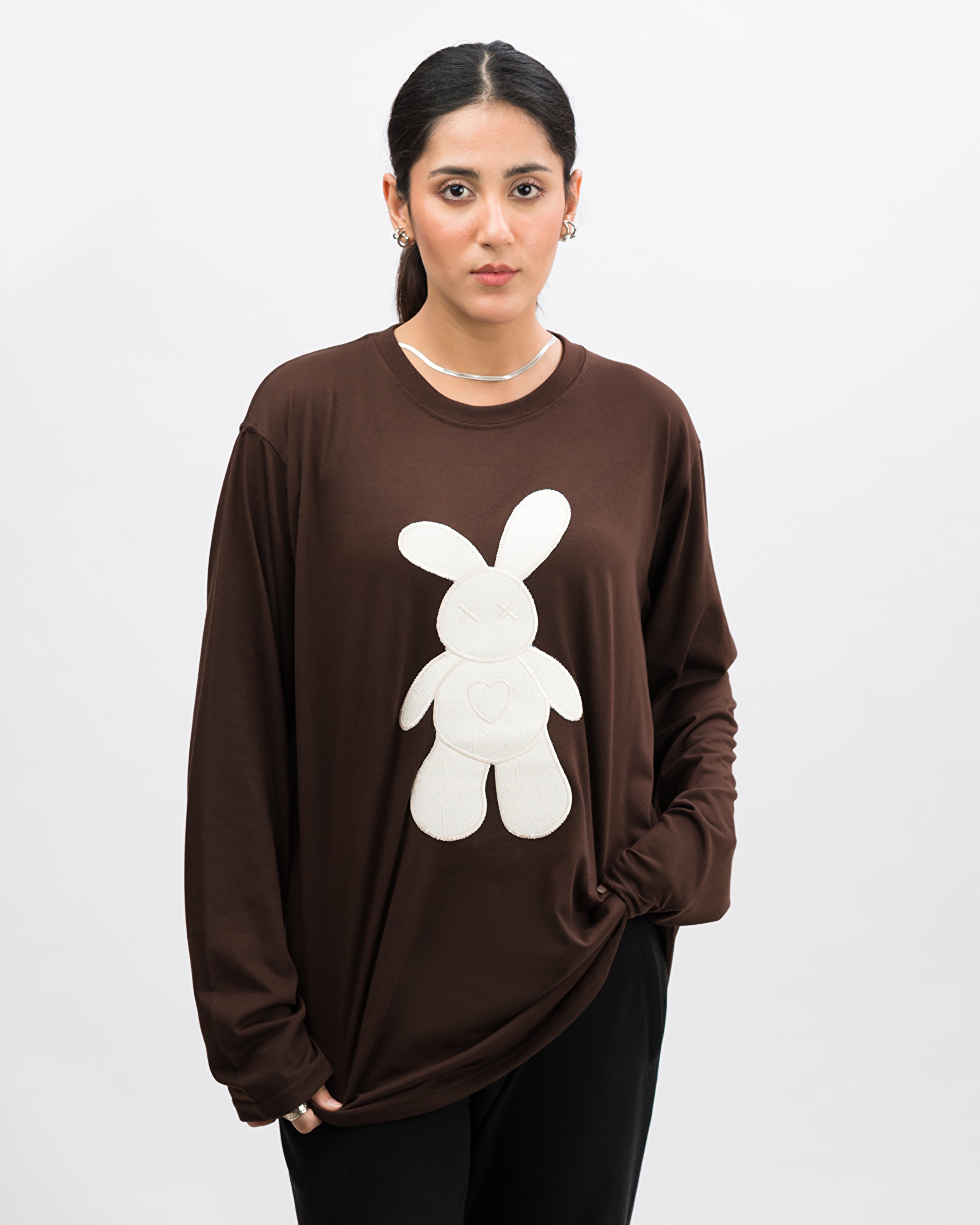 Dope Teddy Embroidered Patched Long Sleeve Drop Shoulder Oversized Tee Brownie