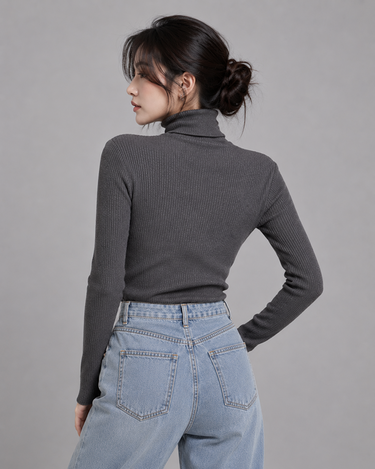 Turtleneck Ribbed Knitted Sweater Charcoal