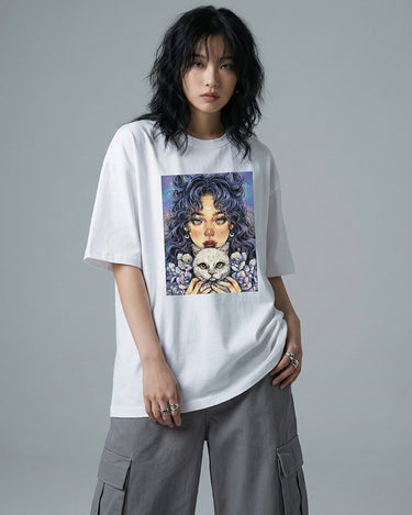 Cat Girl Graphic Drop Shoulder Oversized Tee