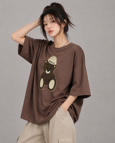 Binhuali Bear Embroidered Patched Drop Shoulder Oversized Tee Brownie
