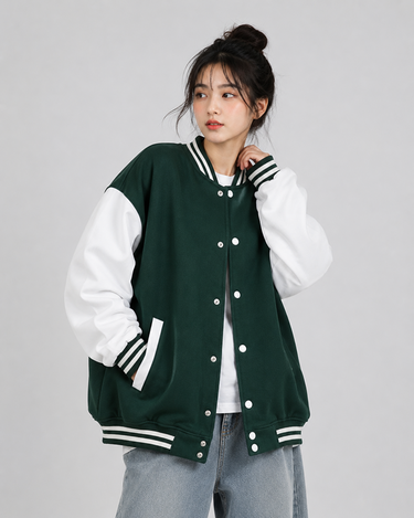 Button Down Baseball Varsity Bomber Jacket Green