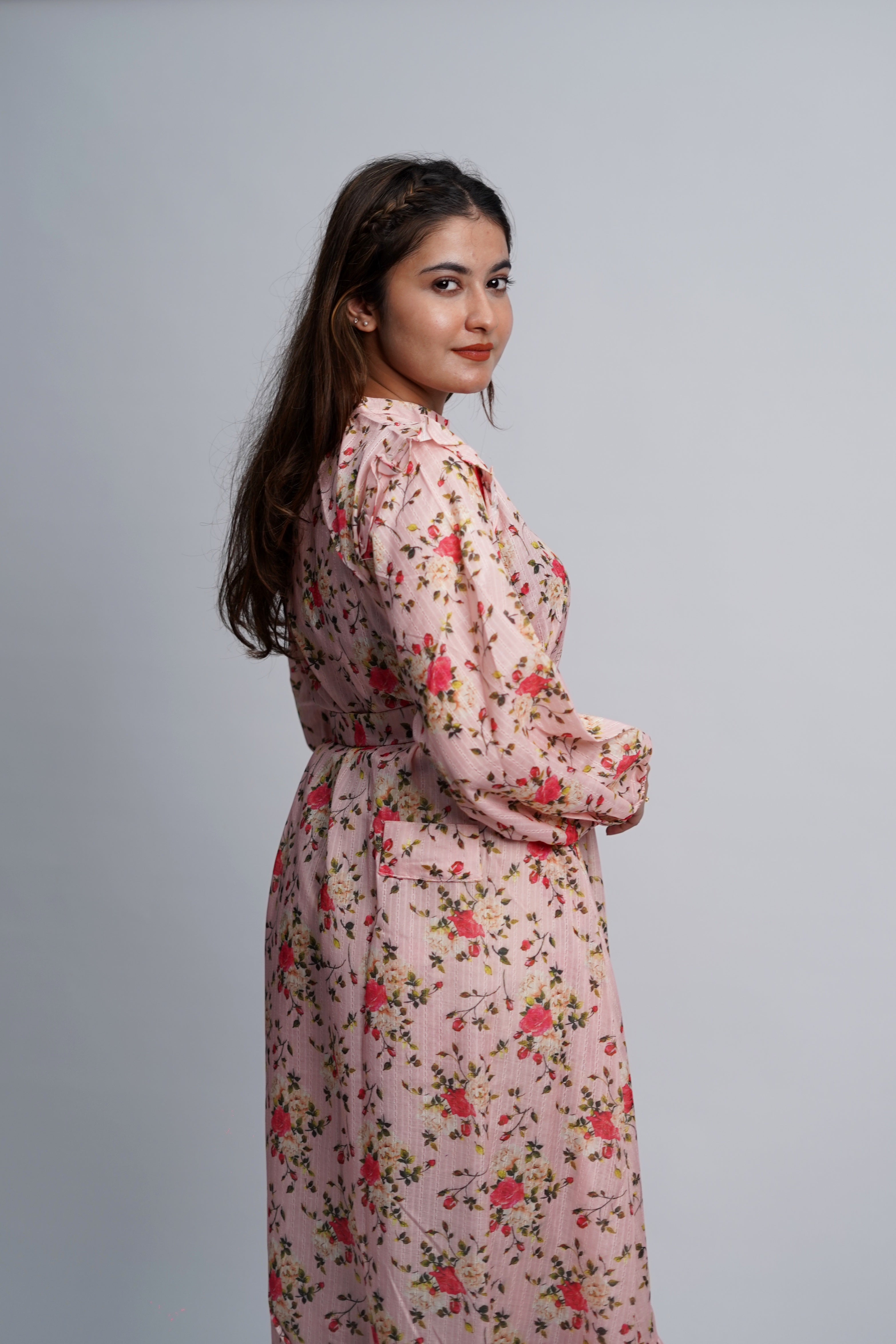 Pink Rose Floral Cotton Long Dress