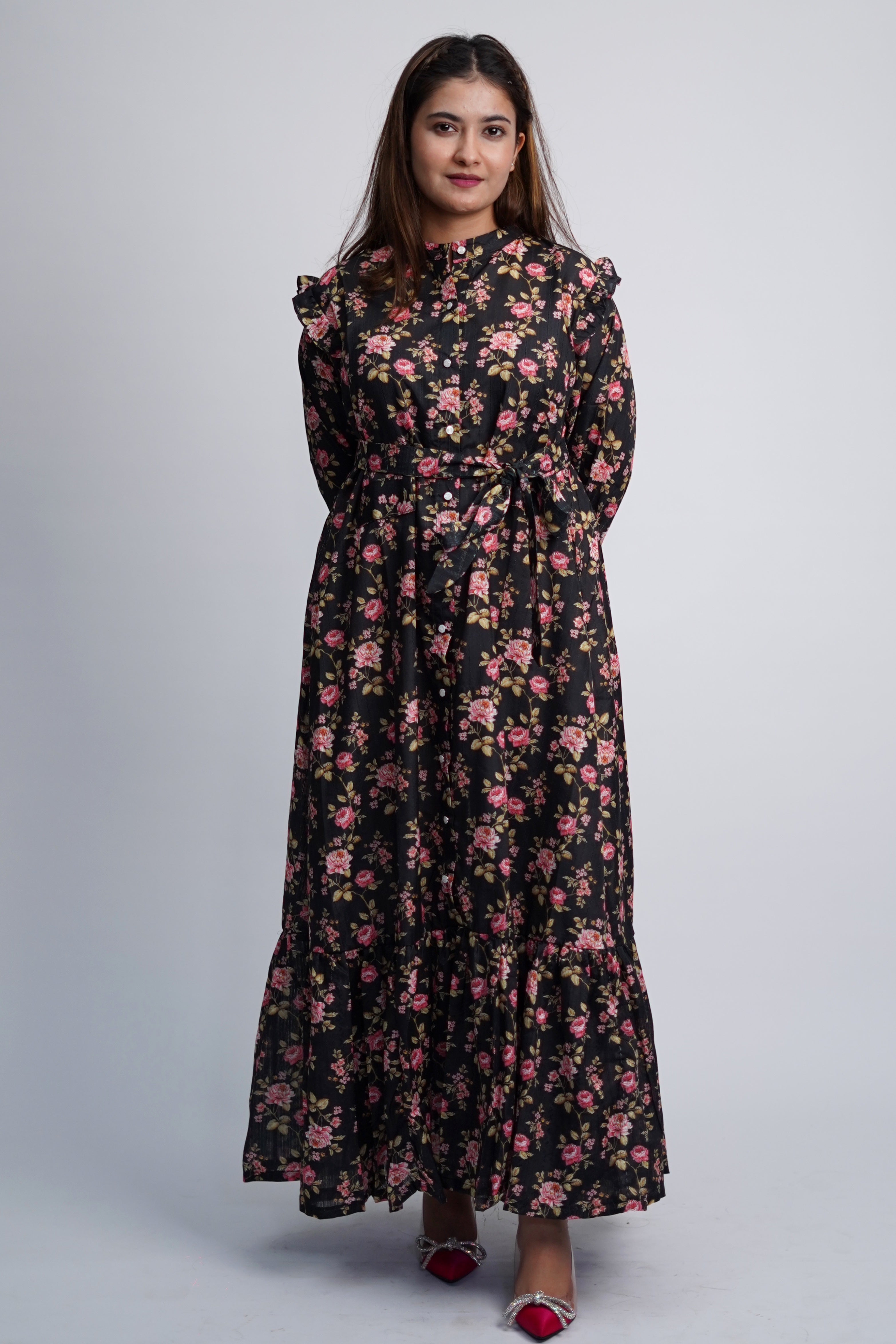 Ashlyn Black Floral Cotton Long Dress