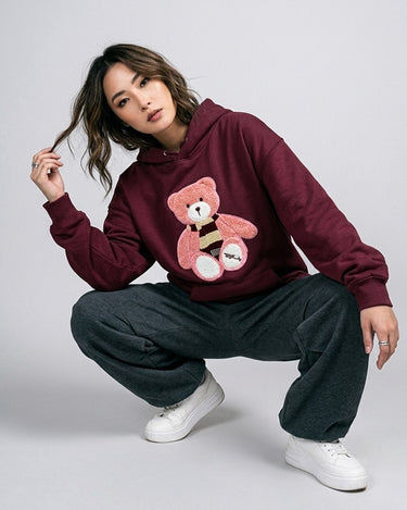 Pink Teddy Embroidered Patched Oversized Pullover Hood