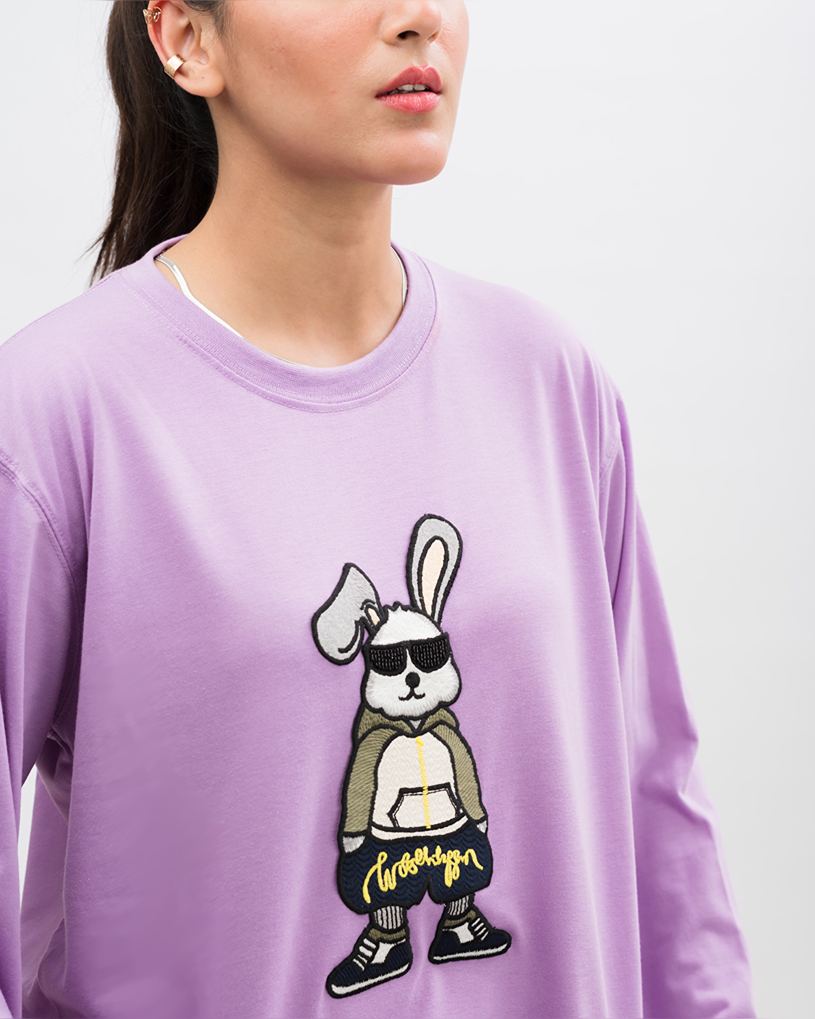 Roger Rabbit Embroidered Patched Long Sleeves Oversized Tee Lavender
