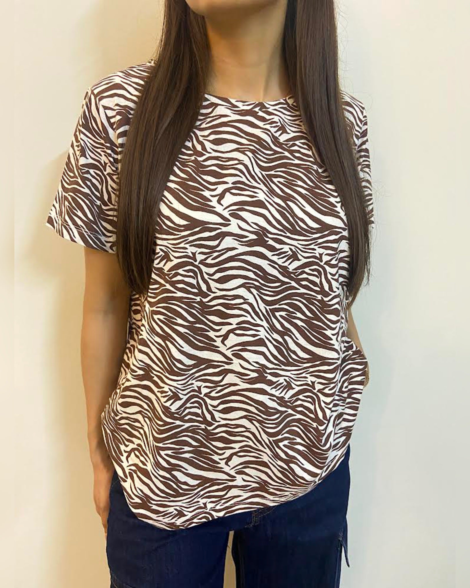 Zebra Crew Neck Short Sleeve All over Graphic Tee Brown