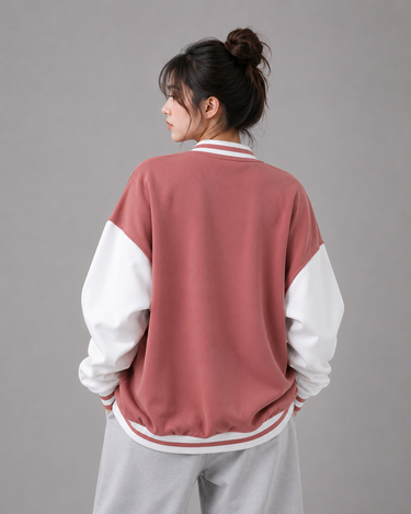 Letter Patched Button Down Baseball Jacket peach
