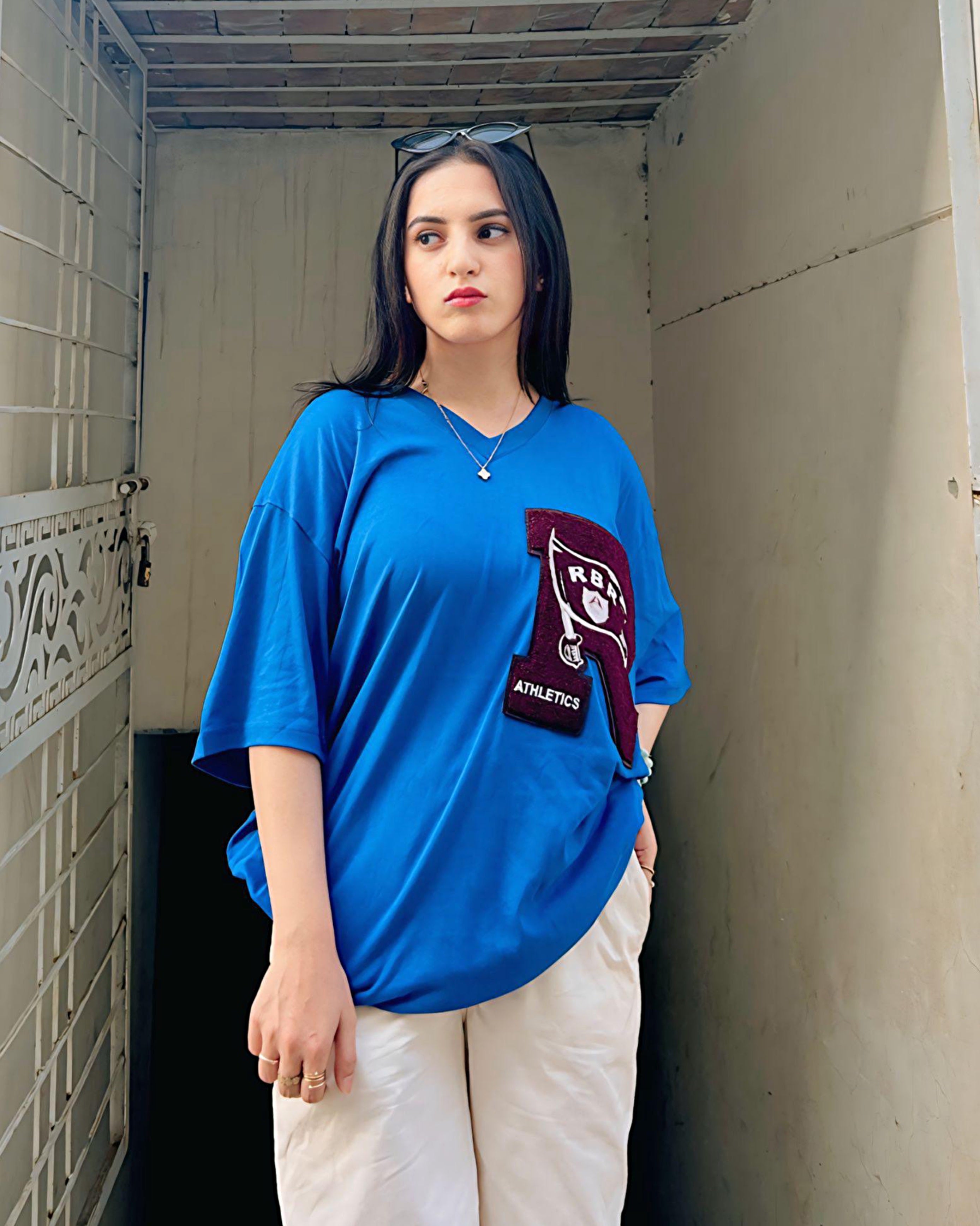 R Athletics Graphic Patched Vneck Drop Shoulder Oversized Tee Blue