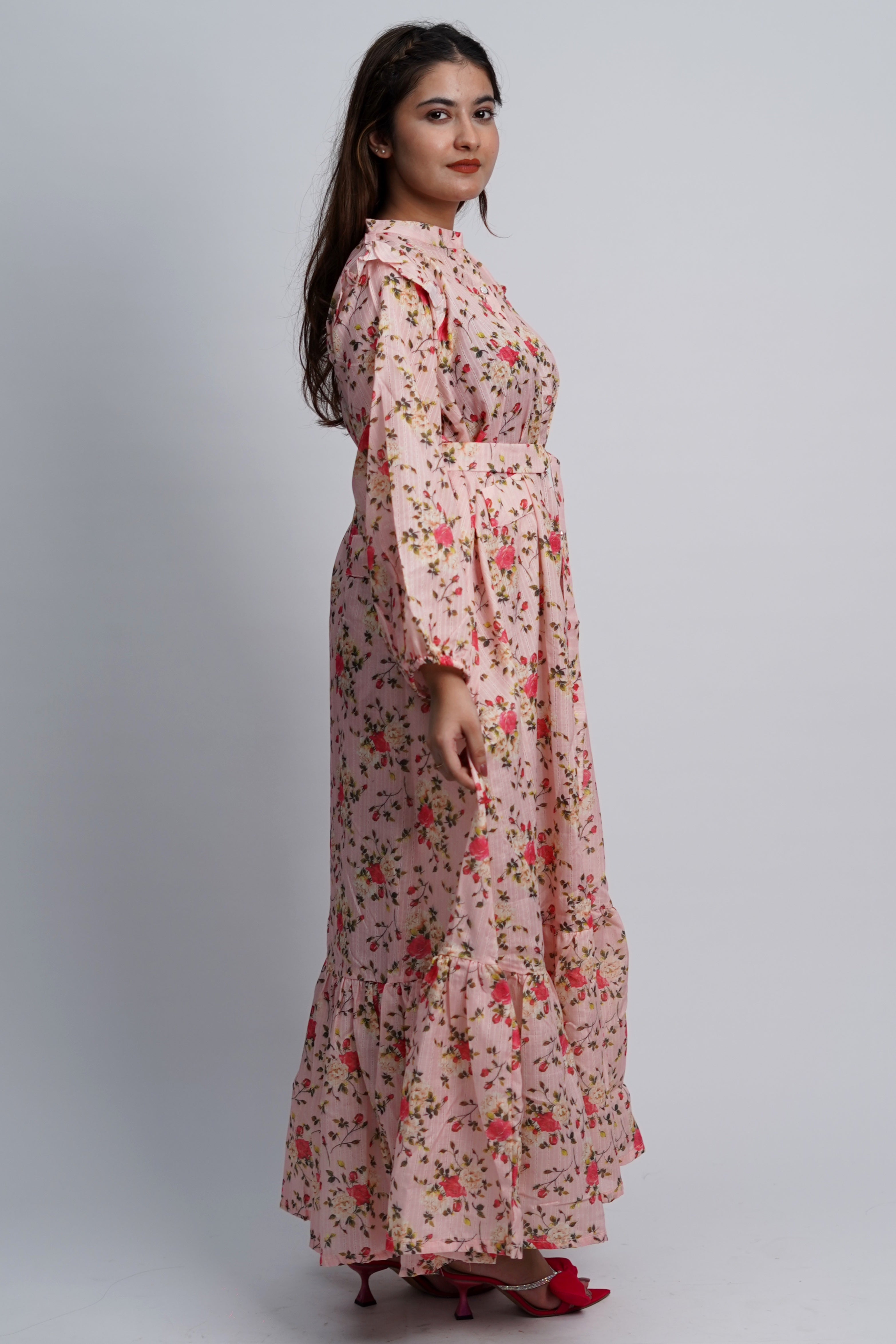 Pink Rose Floral Cotton Long Dress