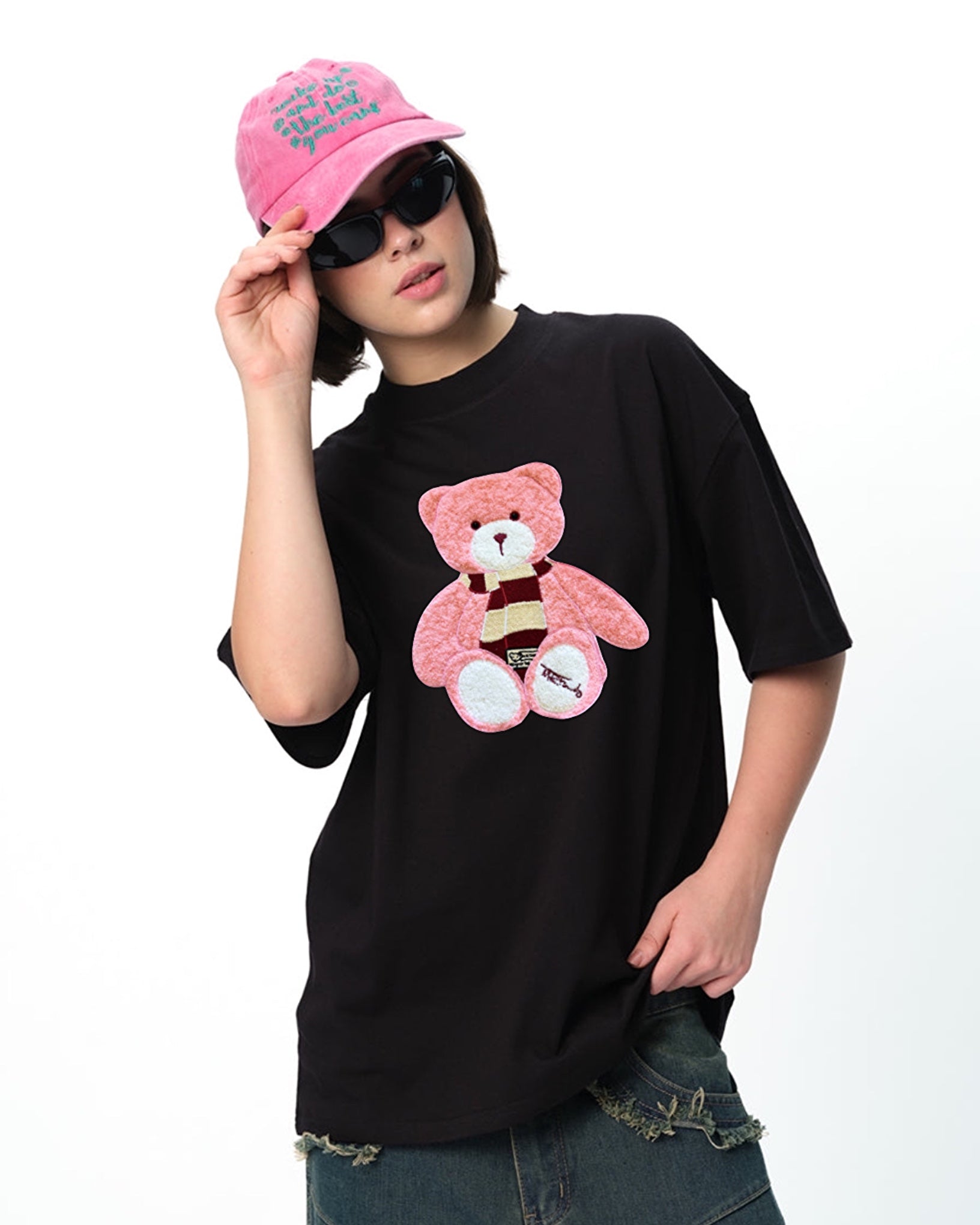 Pink Teddy Embroidered Patched Drop Shoulder Oversized Tee Black