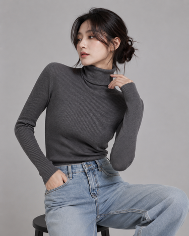 Turtleneck Ribbed Knitted Sweater Charcoal
