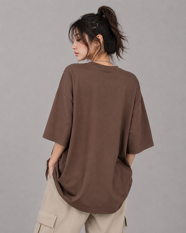 Binhuali Bear Embroidered Patched Drop Shoulder Oversized Tee Brownie