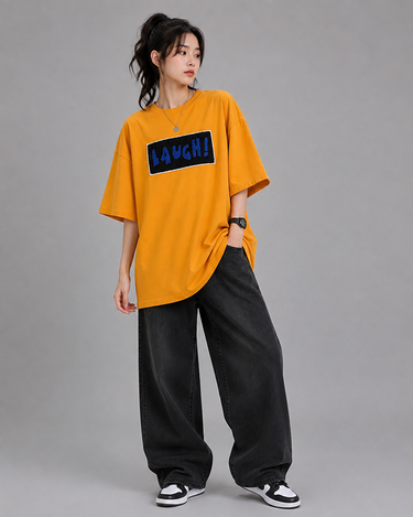 Laugh Graphic Patched Drop Shoulder Oversized Tee