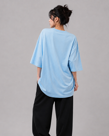 Teddy Caramel Embroidered Patched Drop Shoulder Oversized Tee Sky Blue