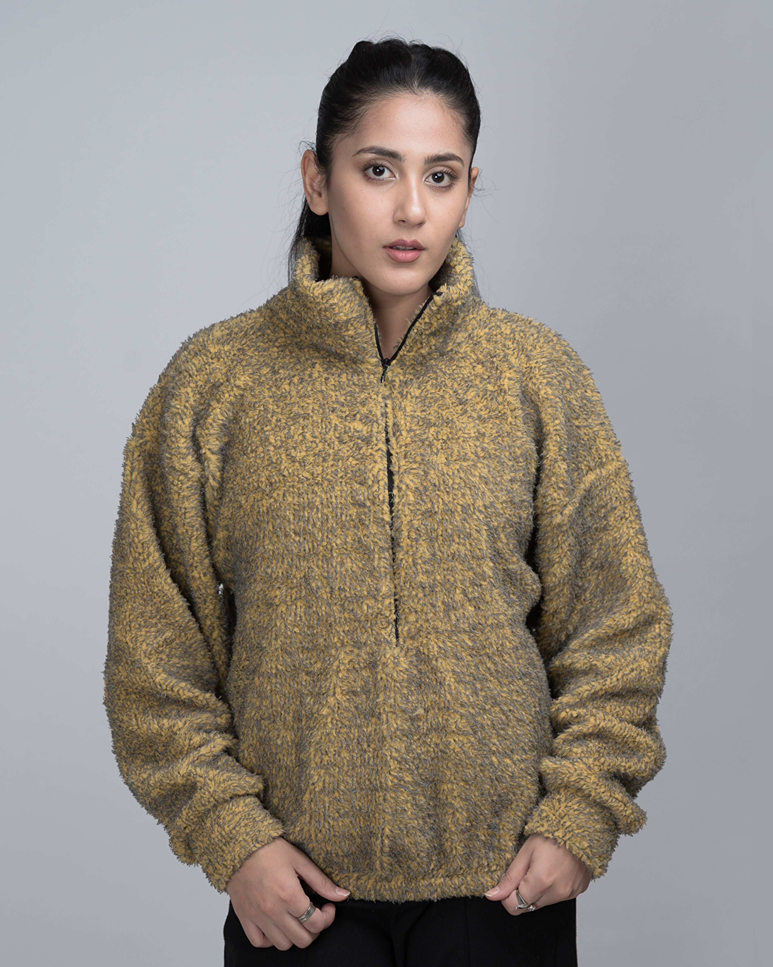 Tweed Woolen Sherpa Movkneck Half Zip Oversized Sweater