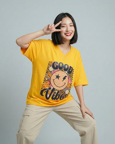 Good Vibes Graphic Vneck Drop Shoulder Oversized Tee Yellow