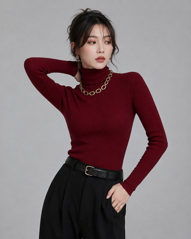 Turtleneck Ribbed Knitted Sweater Maroon