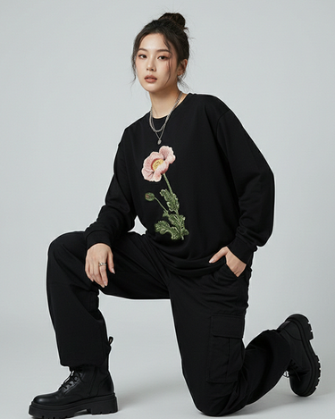 Rose Embroidered Patched Long Sleeves Oversized Tee Black