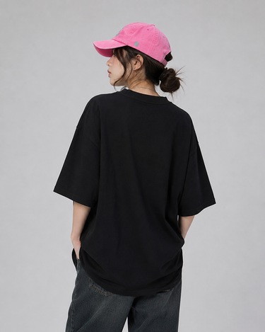 Pink Teddy Embroidered Patched Drop Shoulder Oversized Tee Black