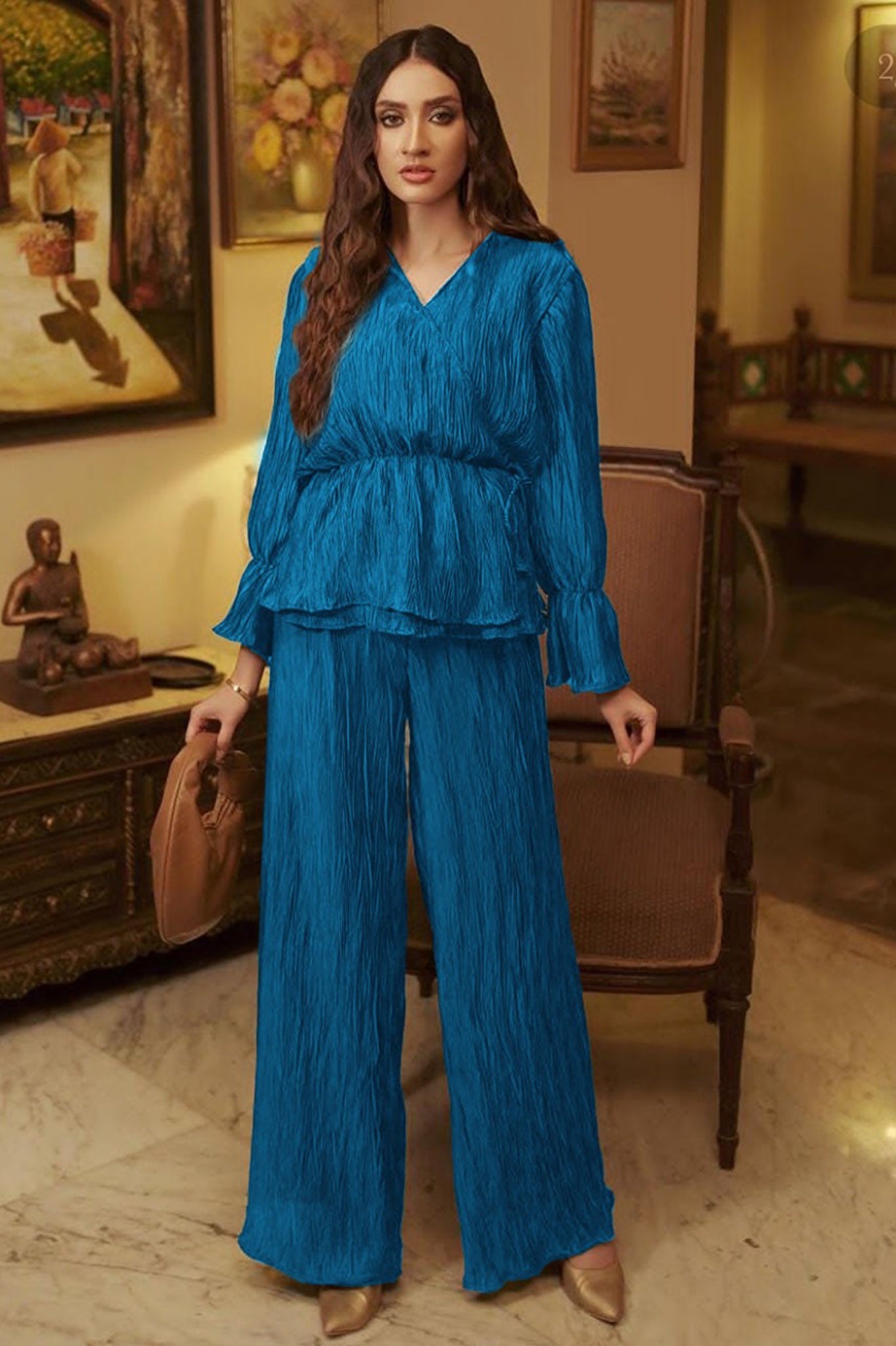 Casual Solid Plisse Pleated Two-piece Set Blue