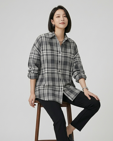Old Money Noir Grid Oversized Button-Up Shirt