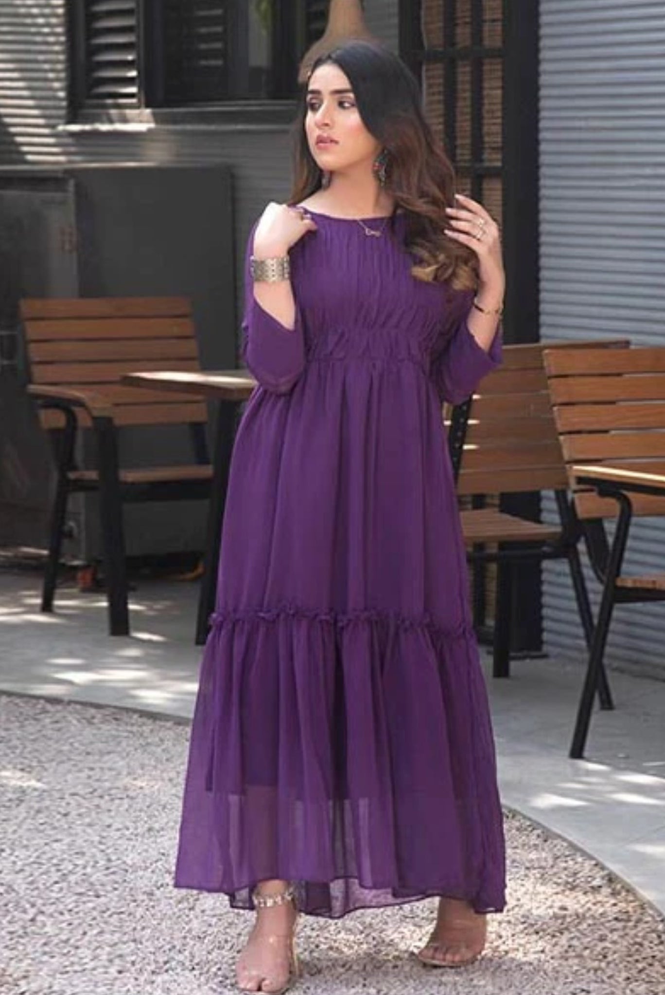 French - Violet Chiffon Frock Dress ( Inner Attached )