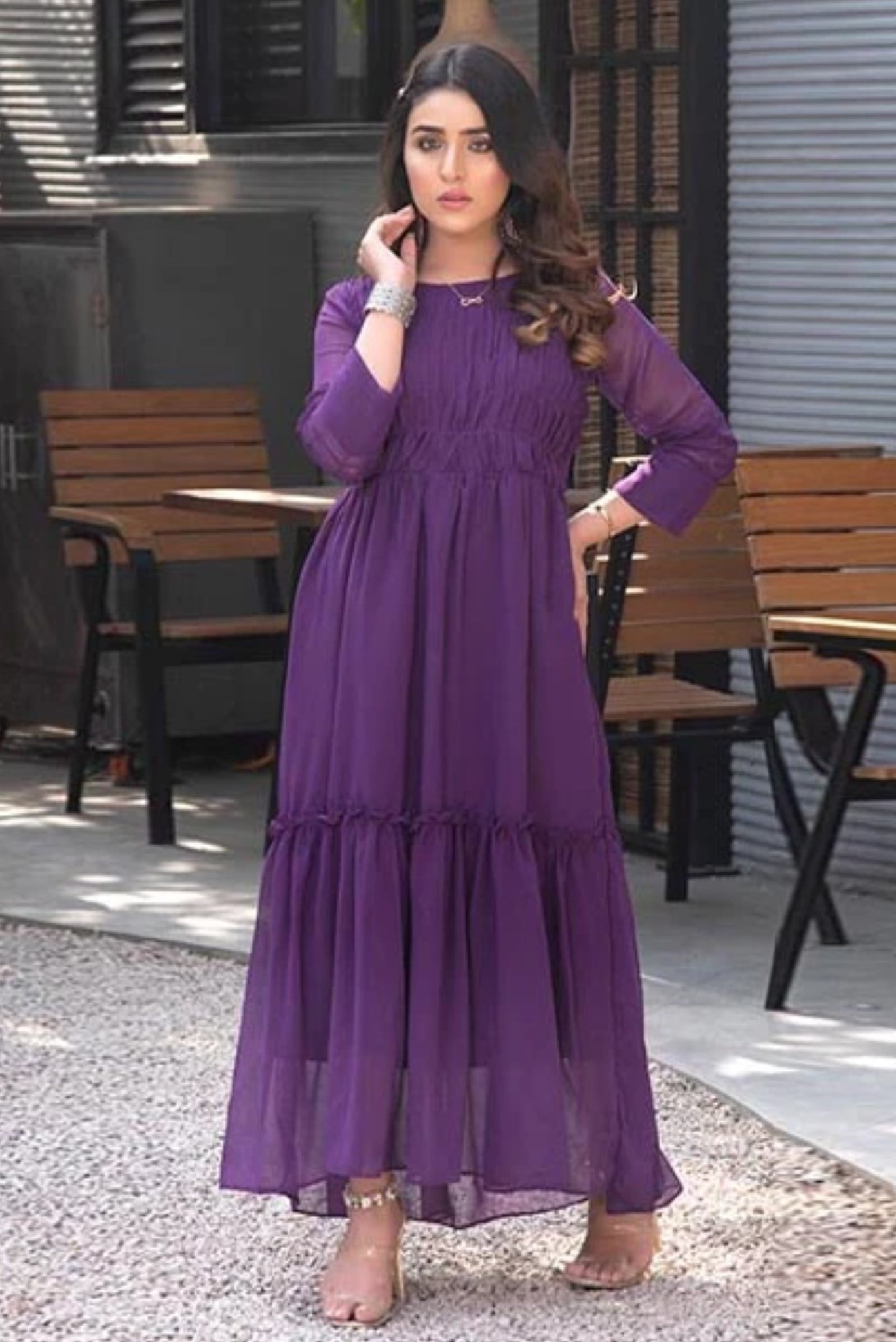 French - Violet Chiffon Frock Dress ( Inner Attached )