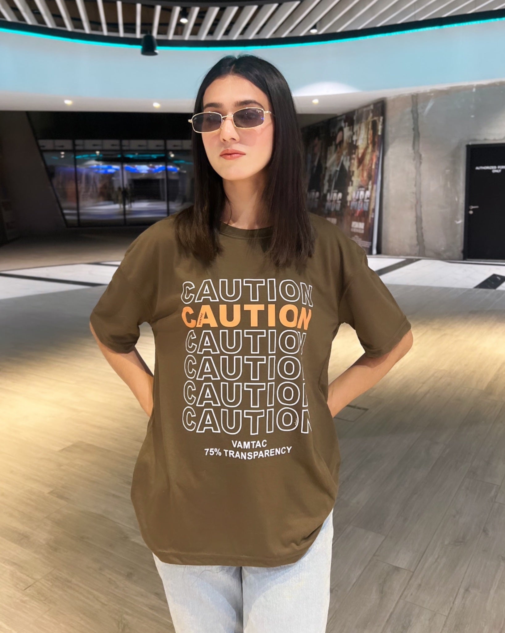 Caution Graphic Drop Shoulder Oversized T-shirt