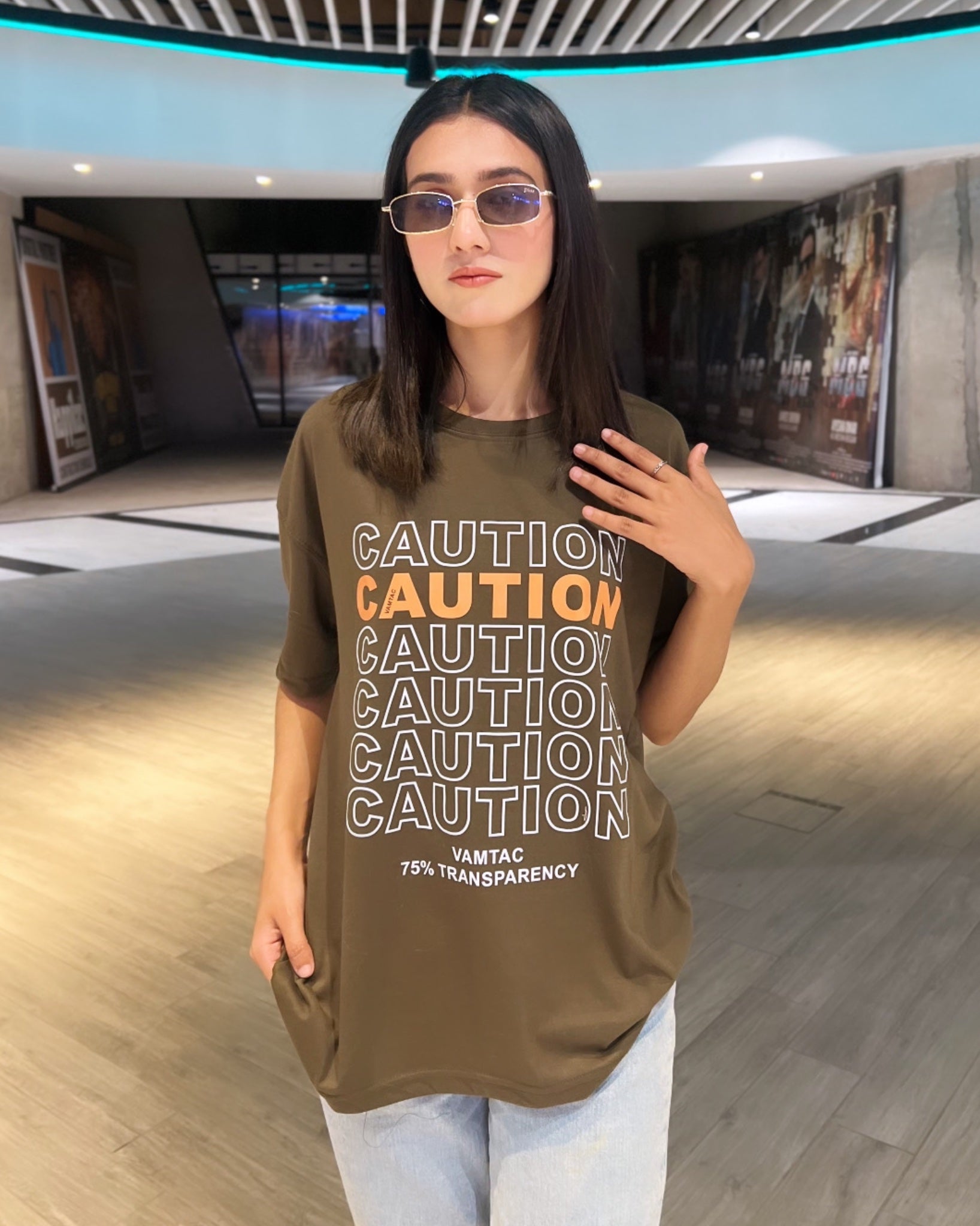 Caution Graphic Drop Shoulder Oversized T-shirt