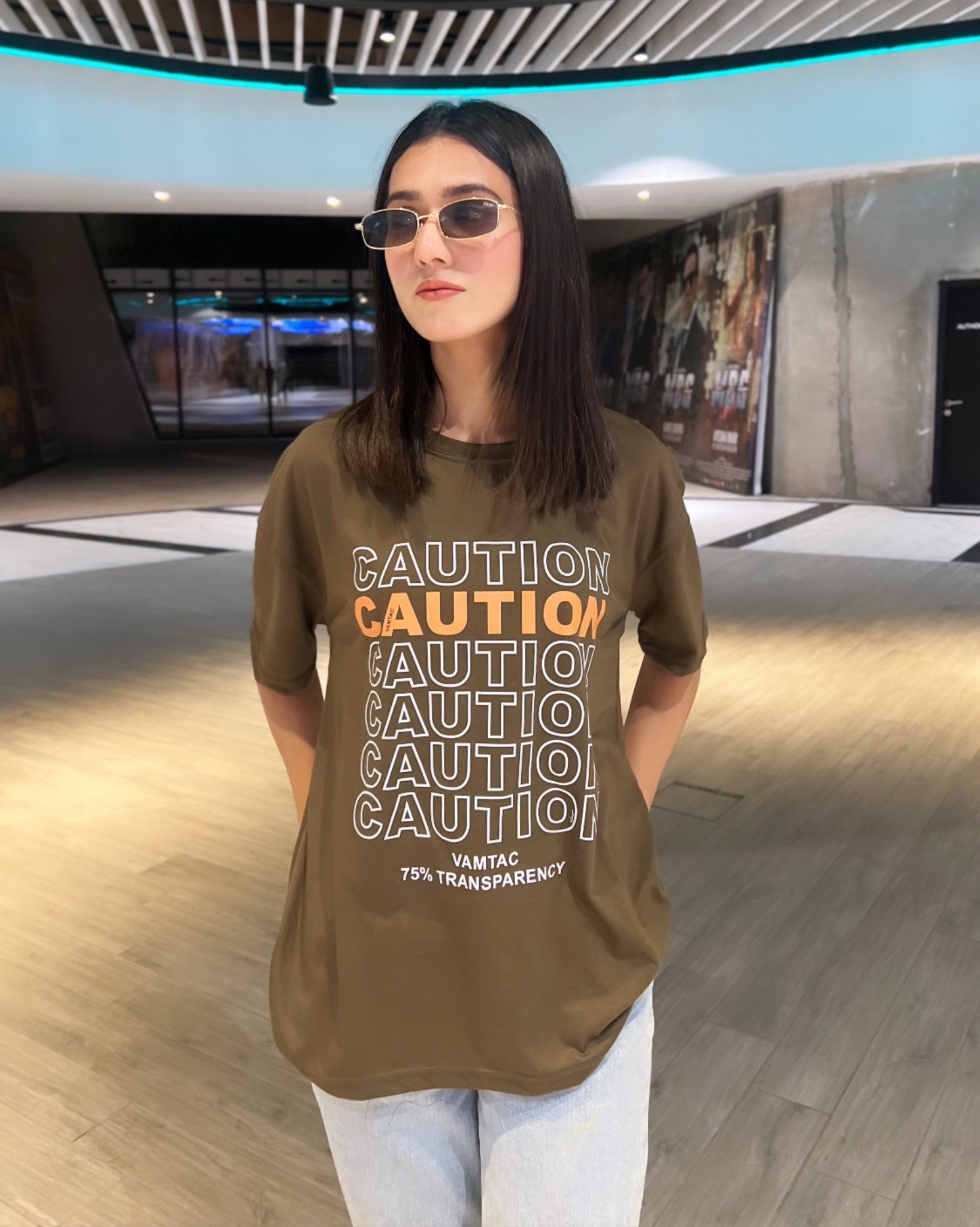 Caution Graphic Drop Shoulder Oversized T-shirt