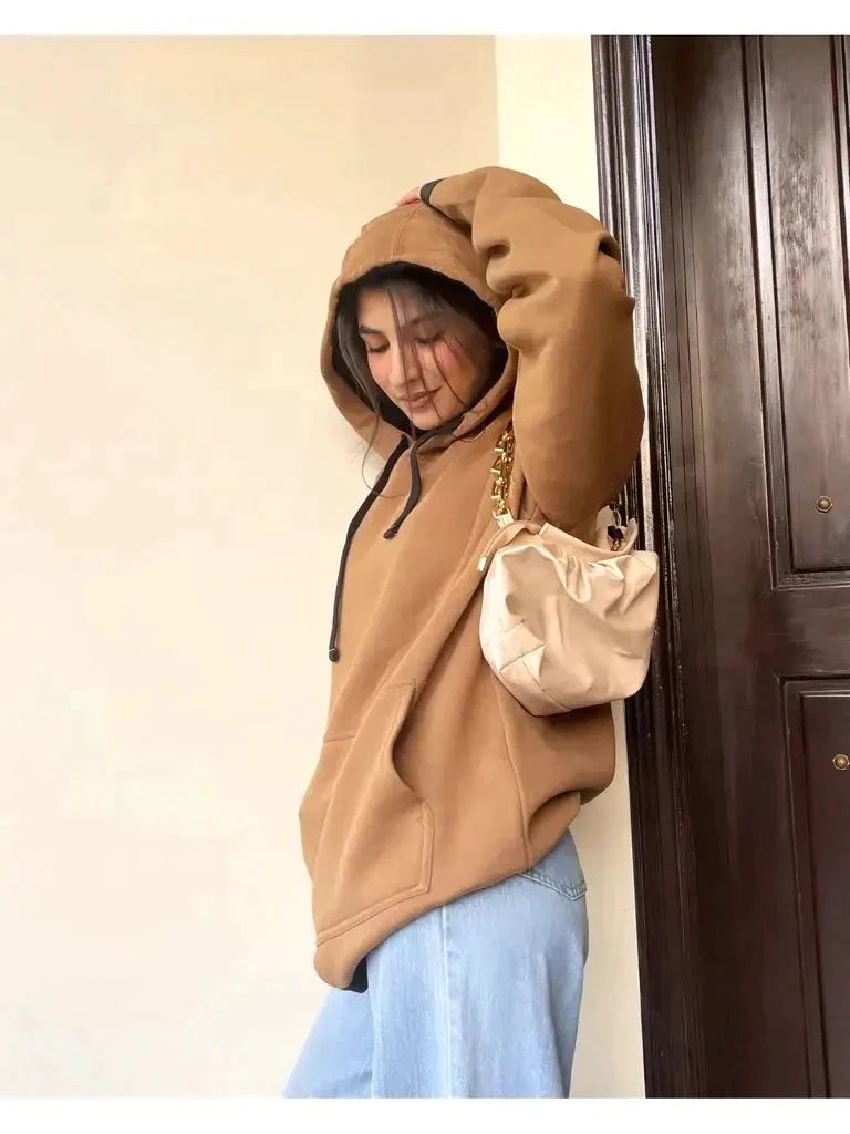 Oversized Contrast Drawstring Hoodie Beige