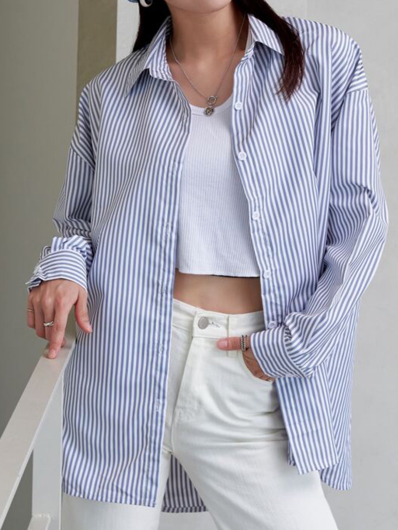 Button Up Blue White Striped Oversized Shirt