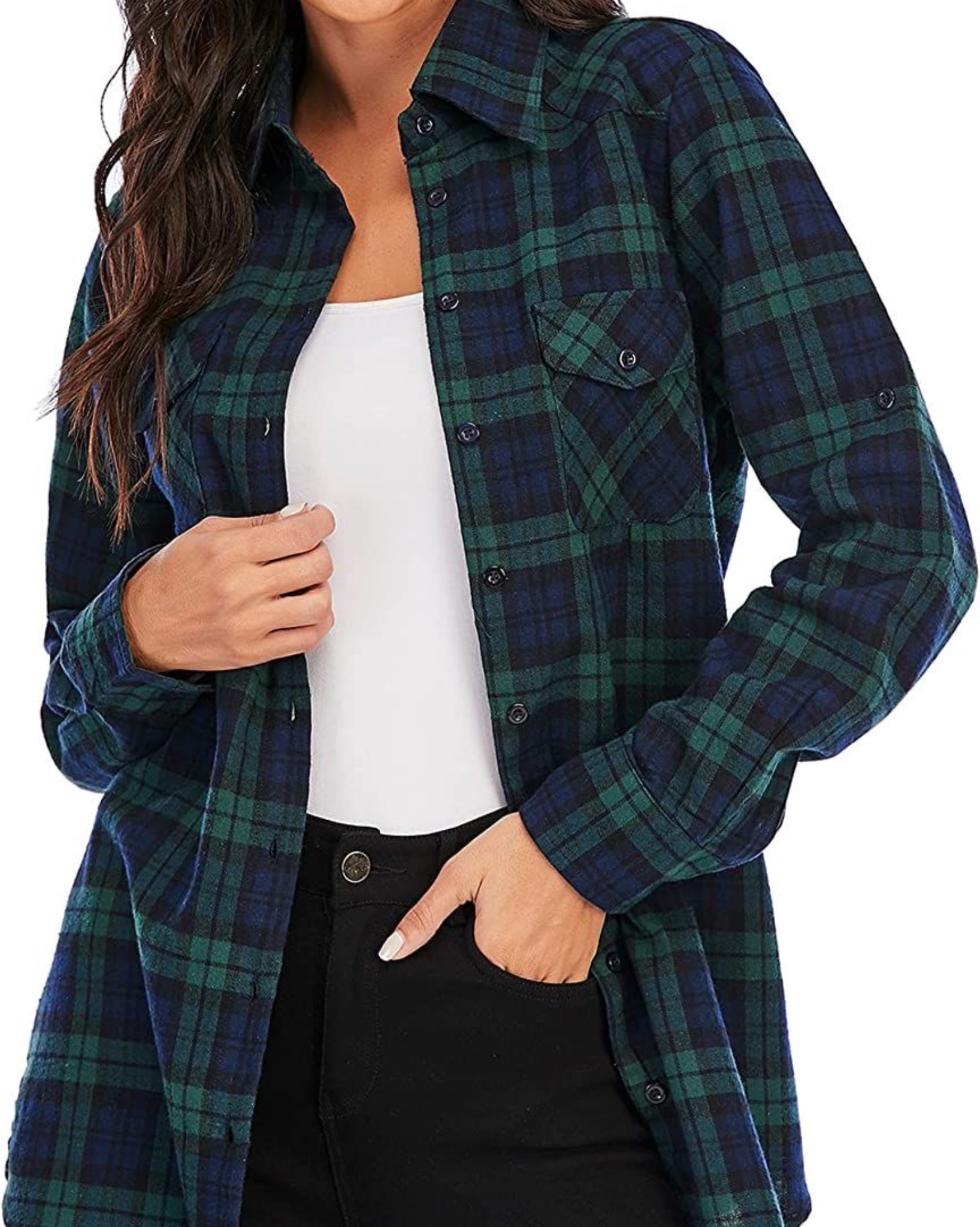 Plaid Button Down Flap Pocket Long sleeve Shirt Green