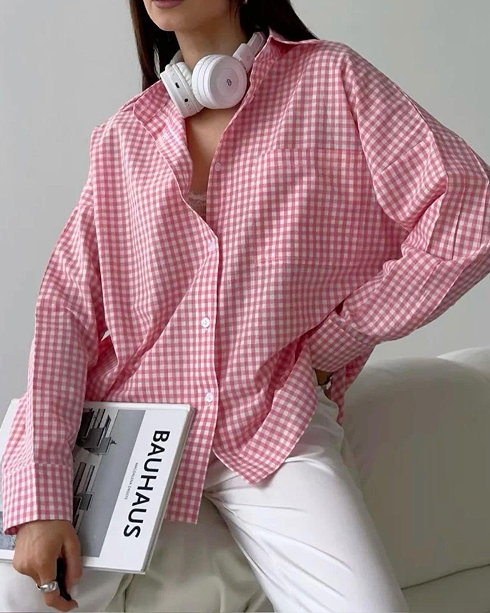 Button Up pink Checkered Oversized Shirt