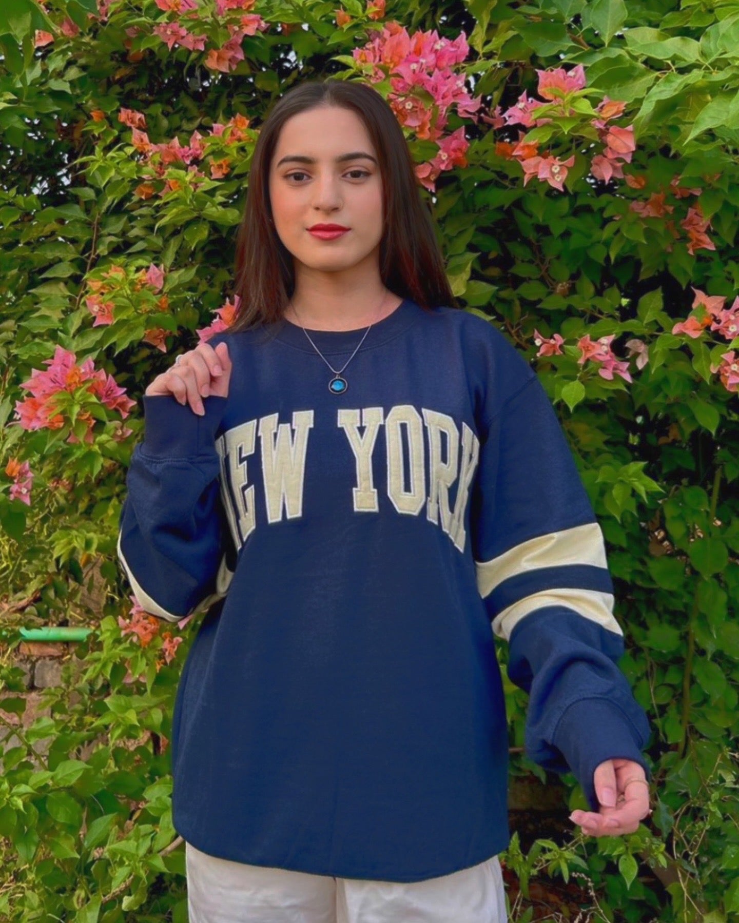 Embroidered Contrast sleeve Sweatshirt Navy Blue New York