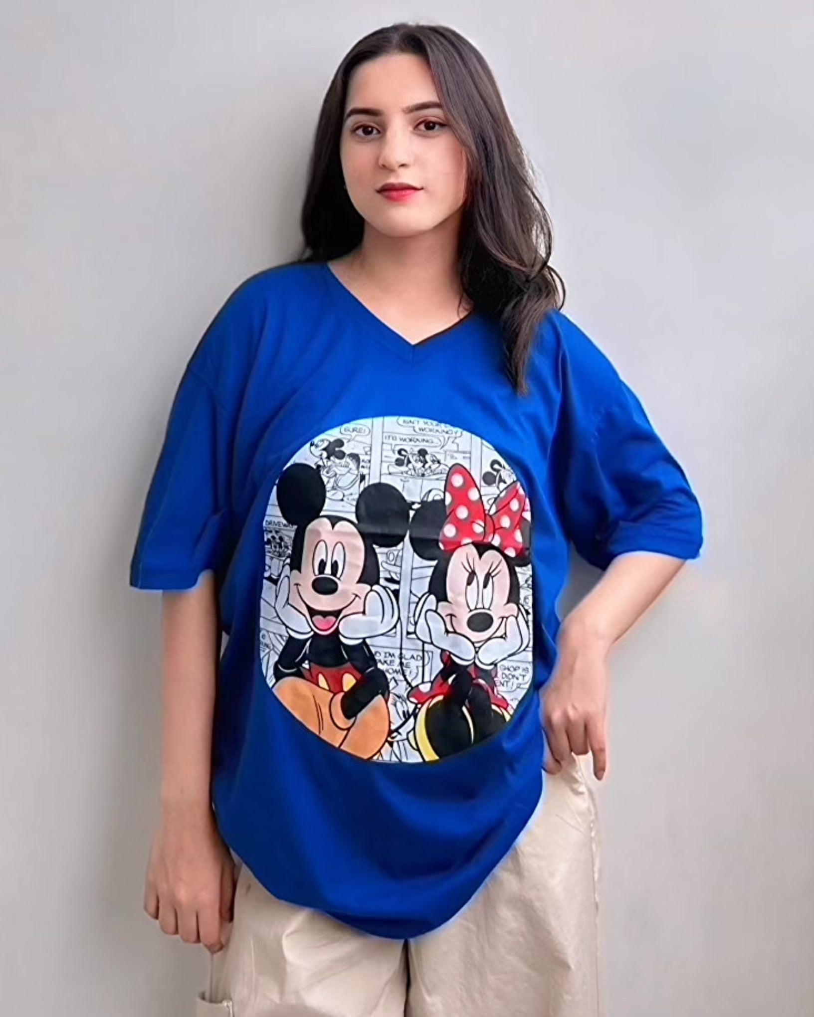 Disney Mickey Graphic Vneck Drop Shoulder Oversized Tee Blue