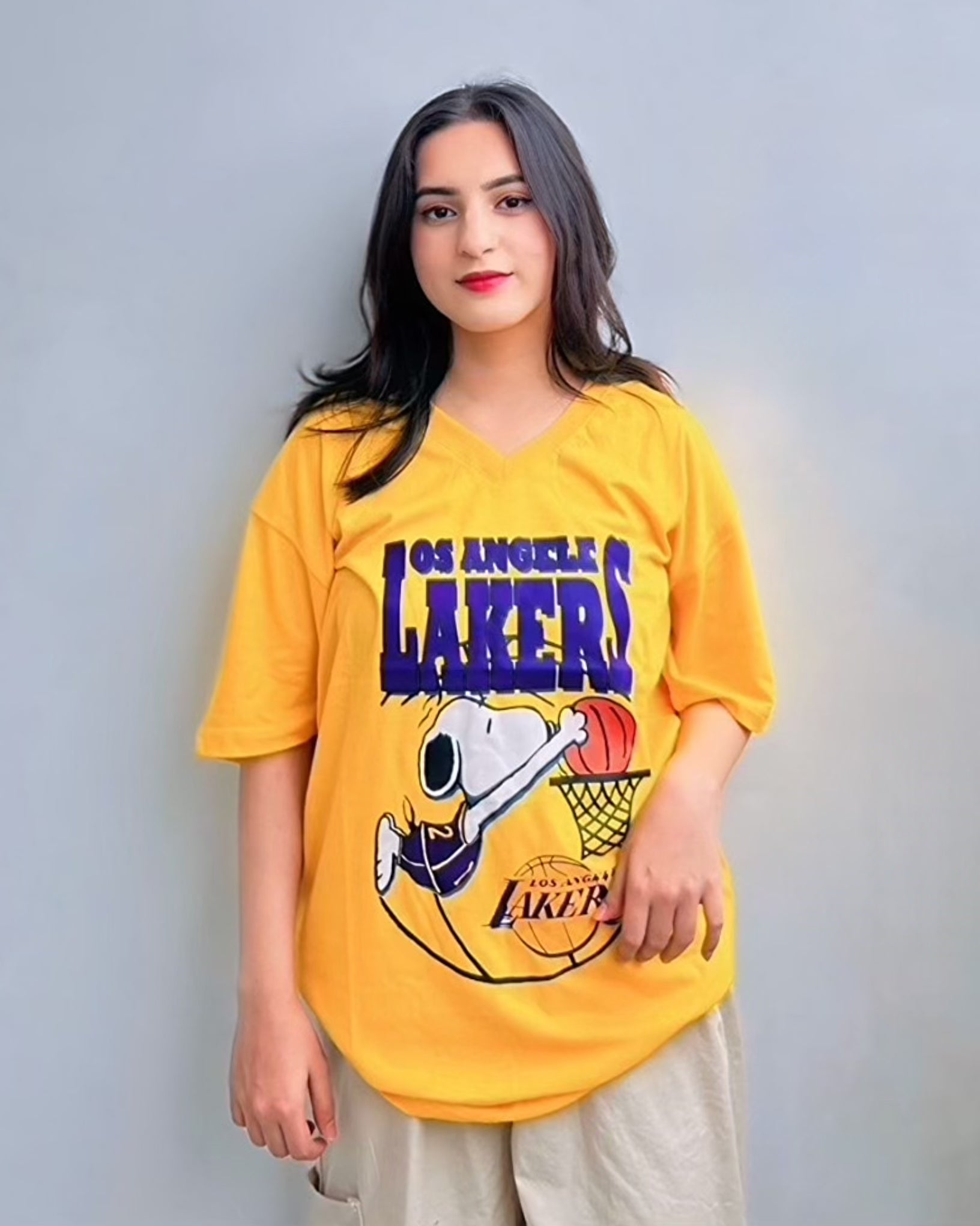 Lakers Graphic Vneck Drop Shoulder Oversized Tee Yellow