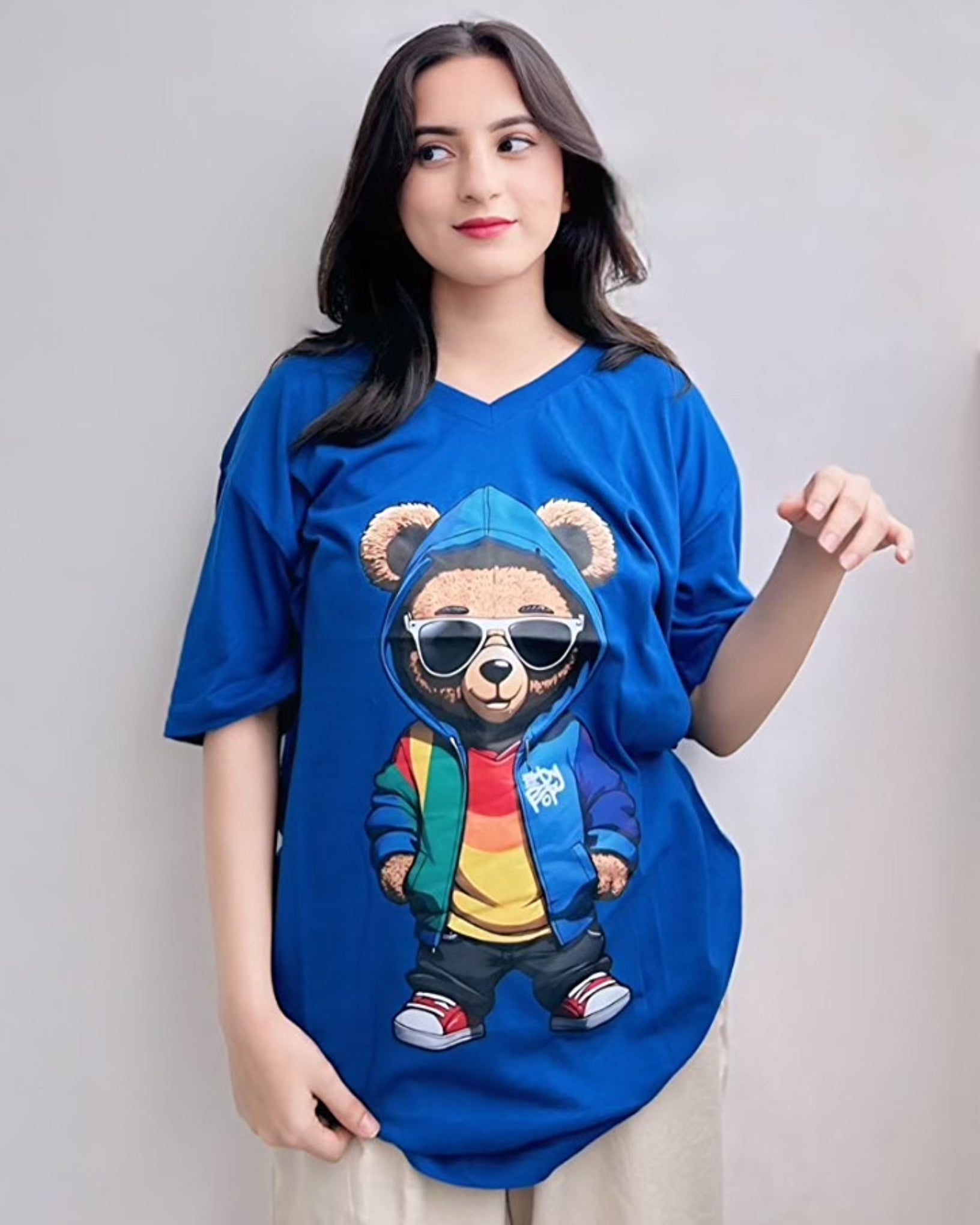 Hip Hop Bear Graphic Drop Shoulder Oversized Tee Blue