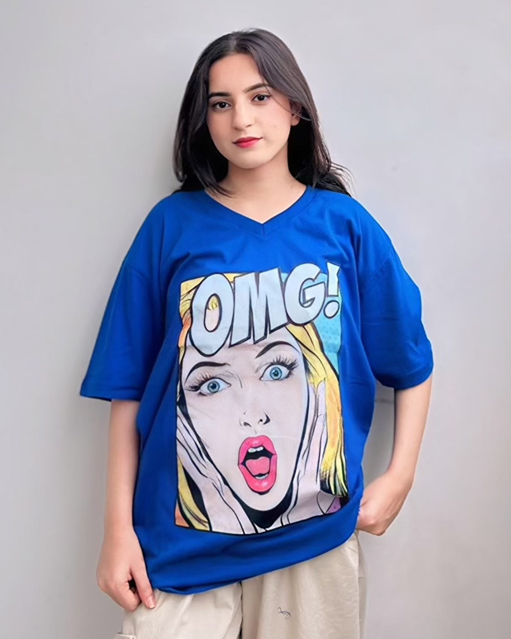 Shocked Girl Graphic Vneck Drop Shoulder Oversized Tee Blue