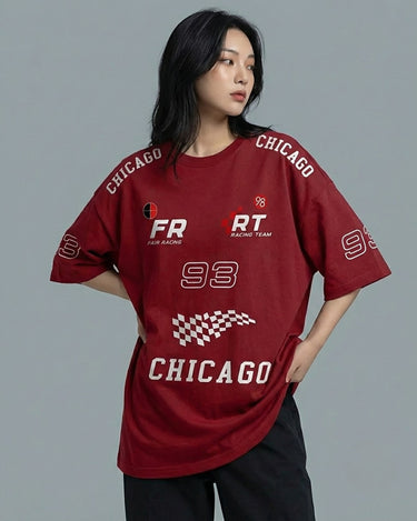 Team FR Chicago Graphic Drop Shoulder Oversized T-shirt Maroon