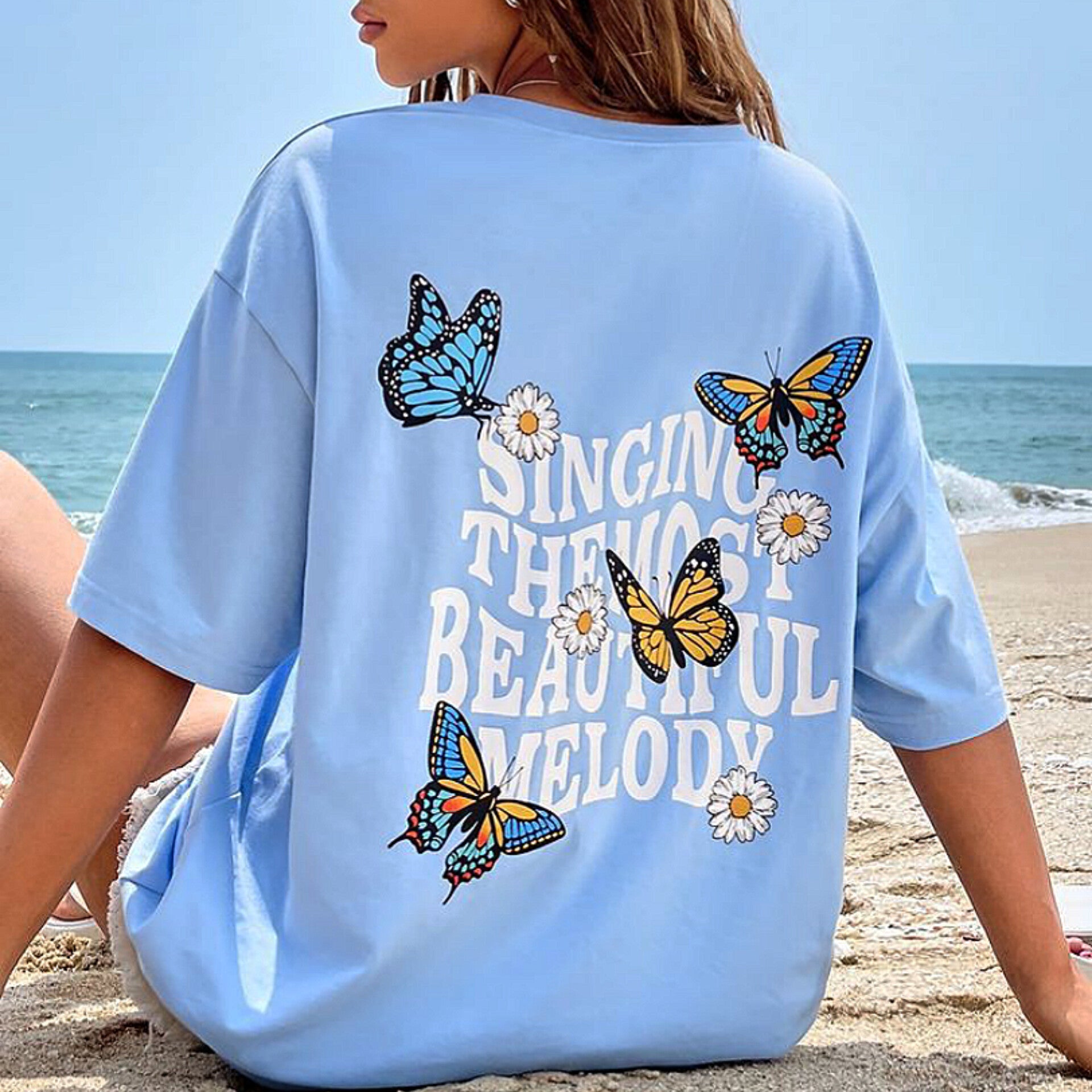 Singing Melody Graphic Drop Shoulder Oversized Tee Sky Blue