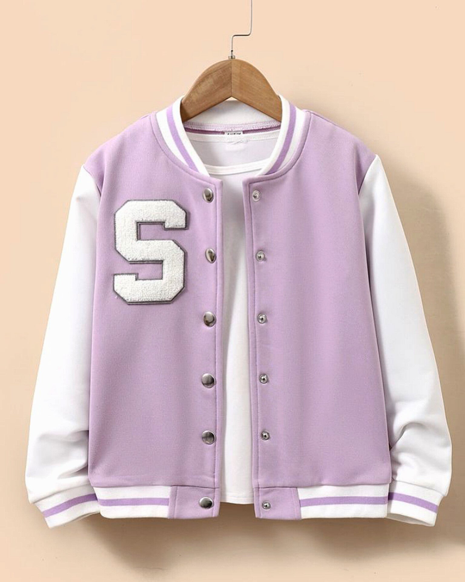 Women s Letter Patched Button Down Baseball Varsity Bomber Jacket Lavender