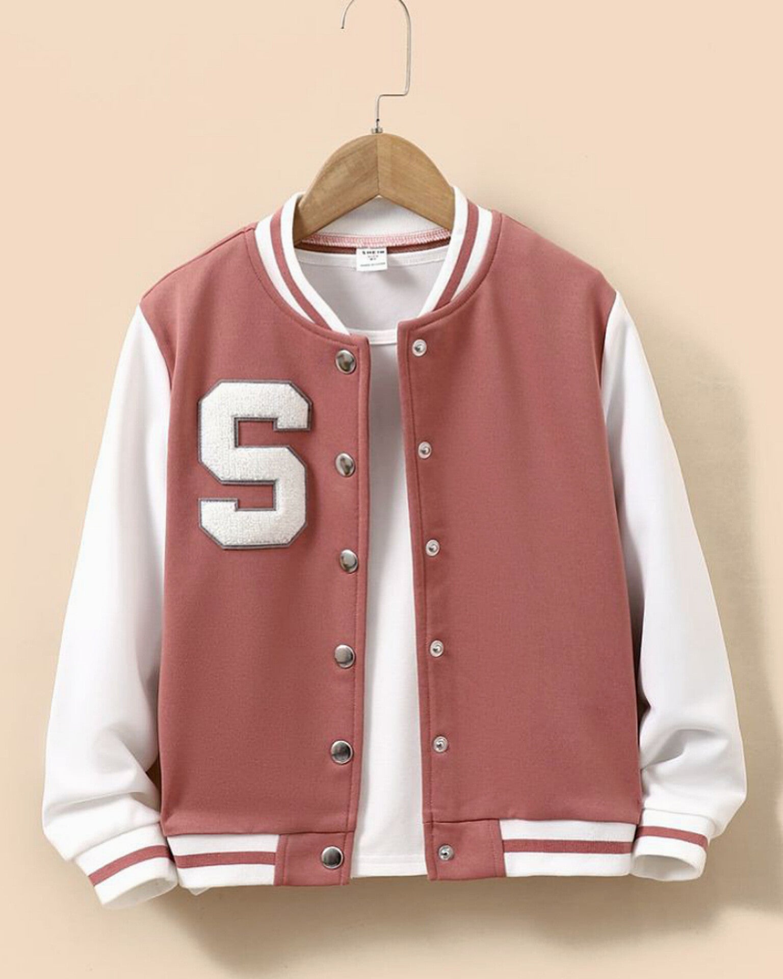 Women's Letter Patched Button Down Baseball Varsity Bomber Jacket peach