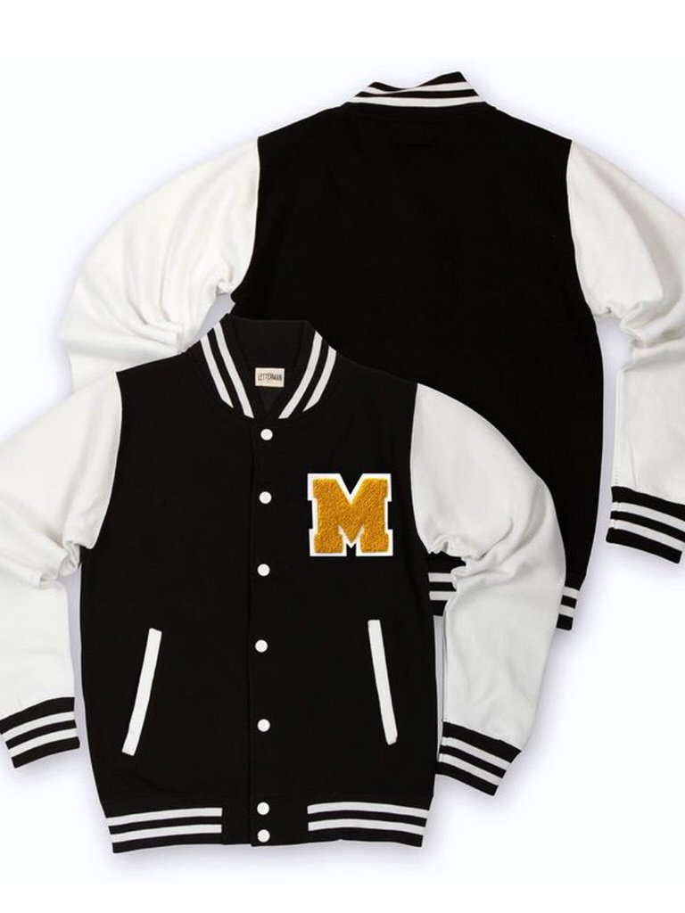 Black Women's M Letter Patched Button Down Baseball Varsity Bomber Jacket