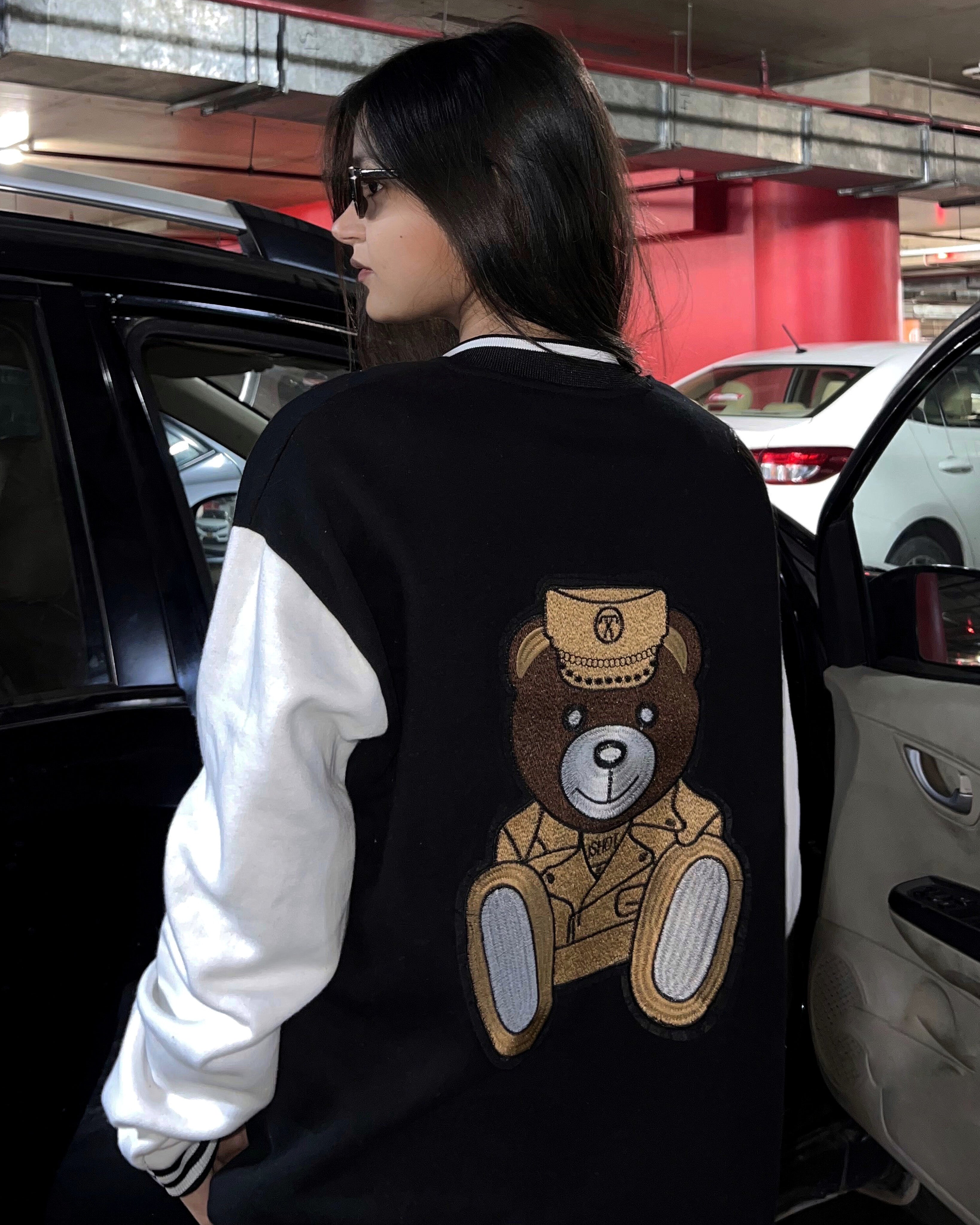 Moschino Bear Patched Button Down Baseball Varsity Bomber Jacket