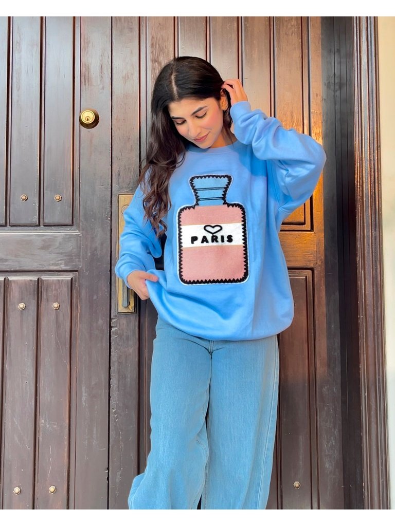 Paris Vacay Graphic Patched Oversized Sweatshirt Blue