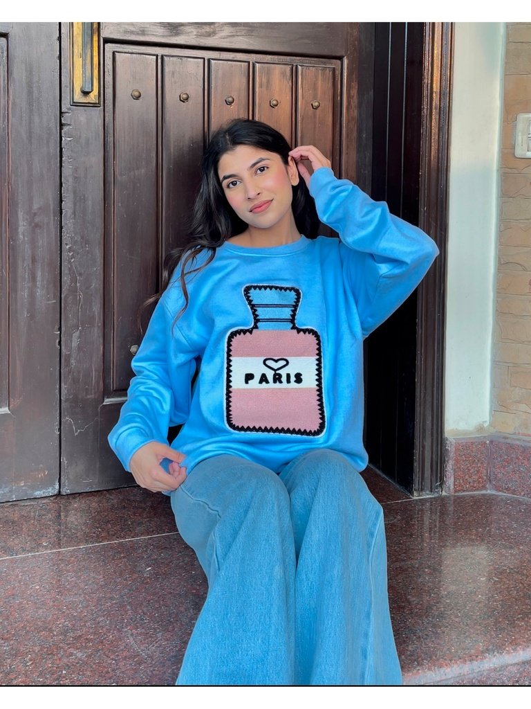 Paris Vacay Graphic Patched Oversized Sweatshirt Blue